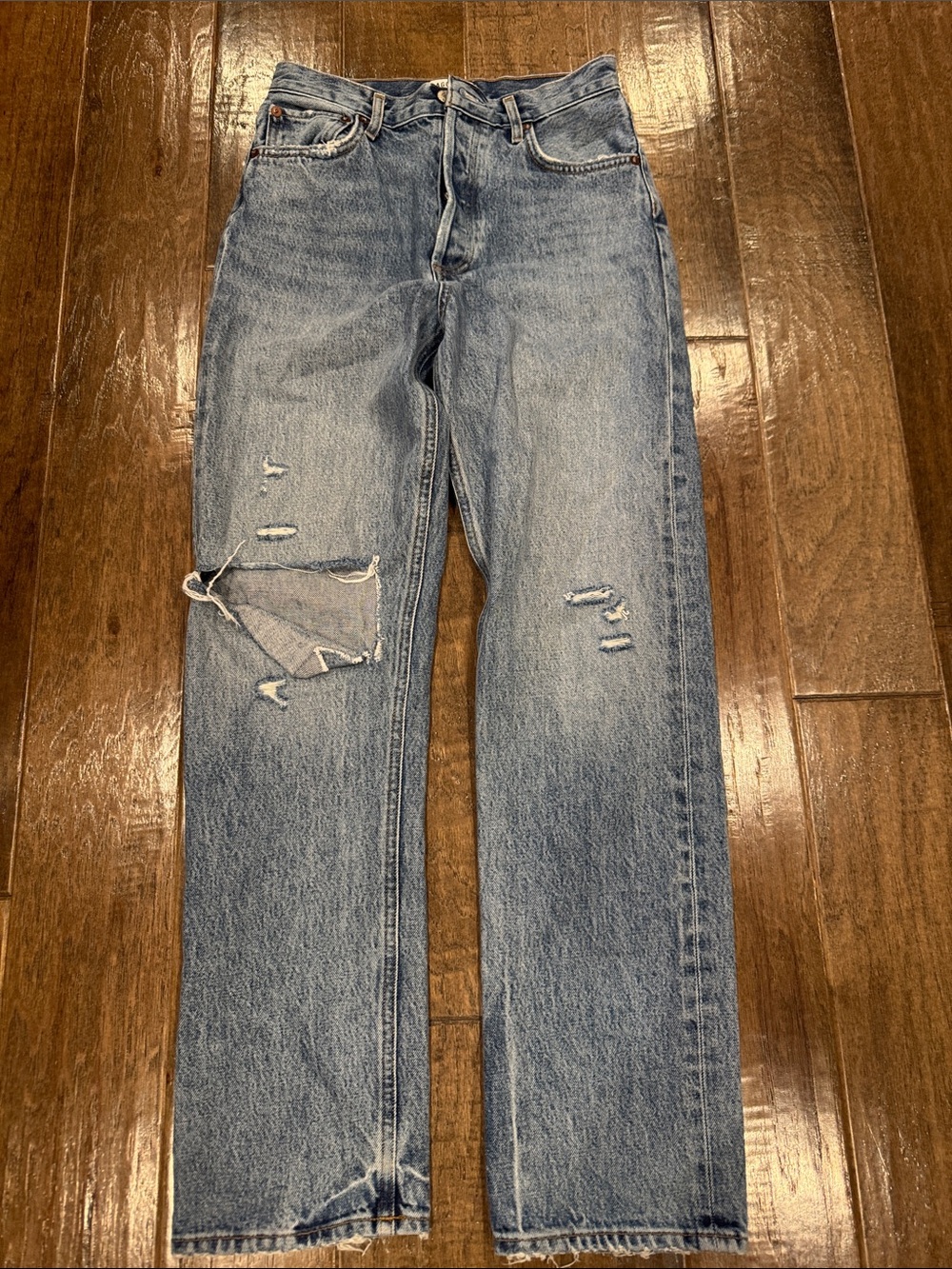 Agolde Light Blue Distressed Wide Leg Jeans